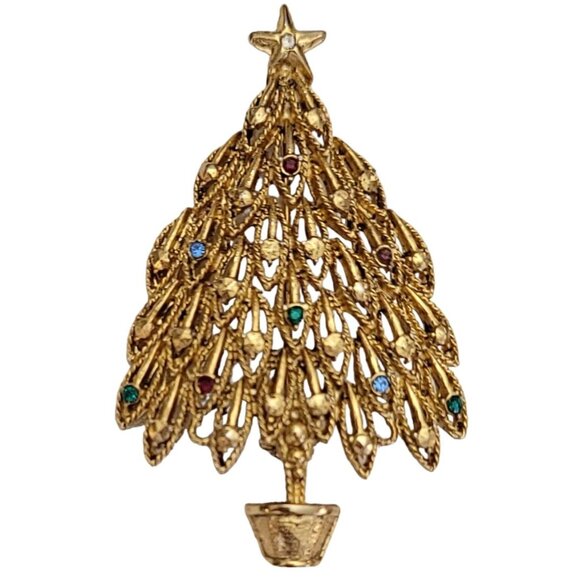 LIA Gold Tone Multi Color Rhinestone Christmas Tree Brooch, Signed K402 - Picture 7 of 7